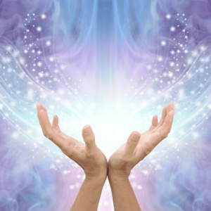 Moonbeams Unlimited - Healing hands uplifted with a purple glow